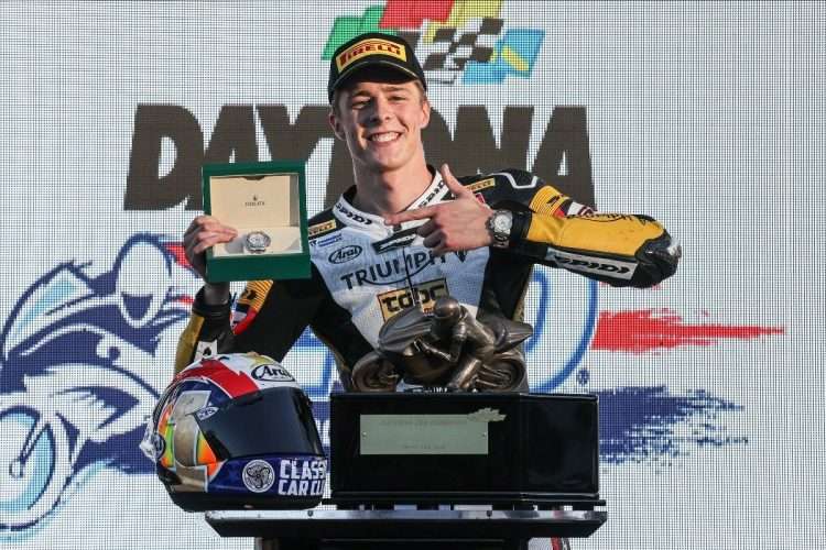 Brandon Paasch celebrates his second career and second straight Daytona 200 victory, this time aboard the just-homologated TOBC Triumph Street Triple RS on Pirelli rubber. Note twin Rolexes!
CREDIT Brian J. Nelson courtesy MotoAmerica.